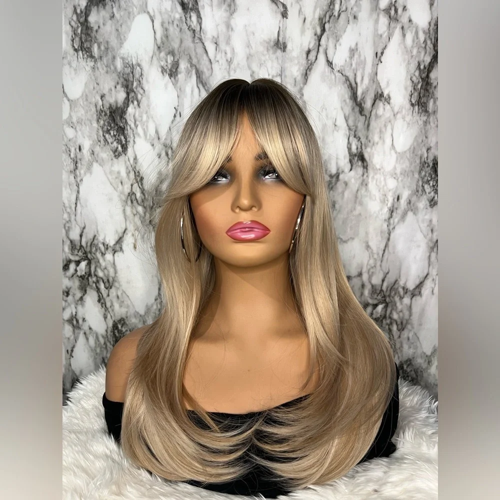 20 In Layered Dark roots Blonde Side Bangs Wig
